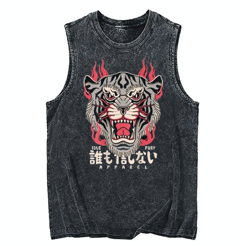 Tokyocanvas Japanese Tiger Flaming Fire Cotton Washed Tank